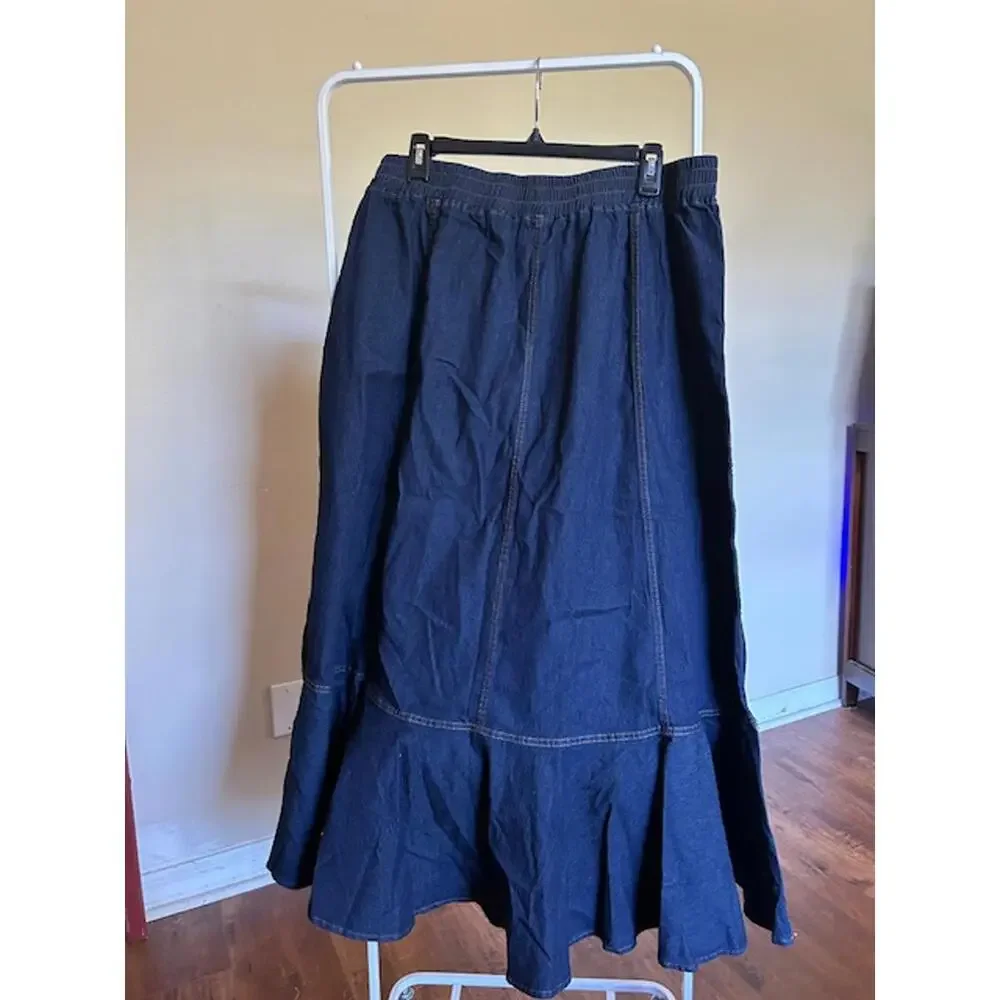 Dark Blue Denim Maxi Skirt with Ruffle Hem, Size 3XL - Picture 2 of 3